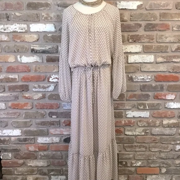 DKNY Women's Neutral Keyhole Neck Long Sleeve Peasant Tie Waist Maxi Dress XL - Picture 2 of 11